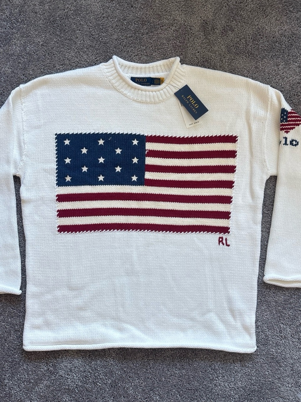 Polo Ralph Lauren White Crewneck Sweater with Red & Blue Flag